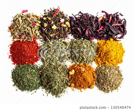 Assorted Pile of Herbs and Spices in Vibrant Color on White Background for Culinary Use 130540474