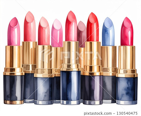 Watercolor Illustration of a Variety of Colorful Lipsticks in Different Shades on White 130540475