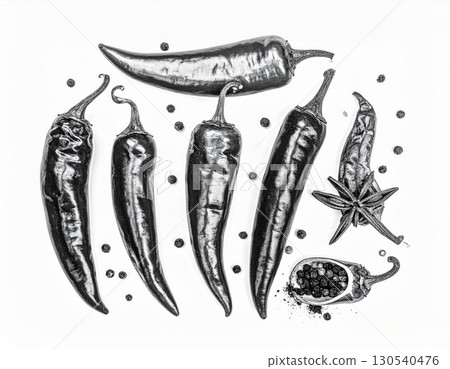 Arrangement of Black and White Peppers on a White Background with Star Anise and Halved Pepper 130540476
