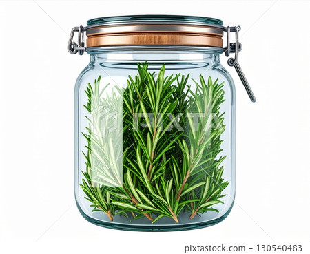 Rosemary Sprigs Preserved in Clear Glass Jar with Metallic Hardware and White Background 130540483