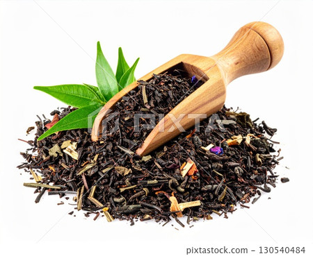 Pile of Aromatic Black Tea Leaves with Wooden Spoon on White Background Studio Shot Pile of Aromatic Black Tea Leaves with Wooden Spoon on White Background Studio Shot 130540484