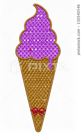 Sparkling Purple Ice Cream Cone with Waffle Texture and Decorative Pink Bow Ornament 130540546