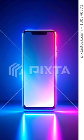 Smartphone with Vibrant Neon Pink and Blue Gradient Reflection Against Dark Background Smartphone with Vibrant Neon Pink and Blue Gradient Reflection Against Dark Background 130540573
