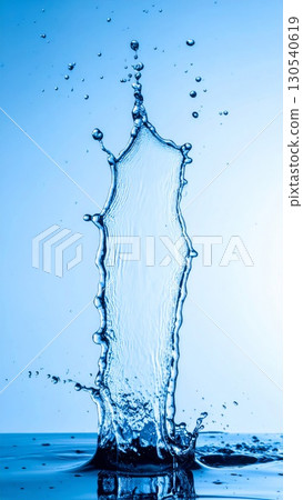 Dynamic Blue Water Splash Creates an Abstract Column Shape on Reflective Surface in Bright Studio Shot 130540619
