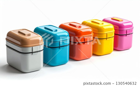 Arrangement of Colorful Plastic Containers in a Row on White Background 130540632