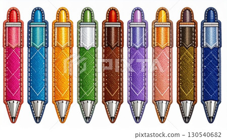Set of Fabric Covered Pens in Vivid Colors with Silver Tips and Caps on a White Backdrop 130540682