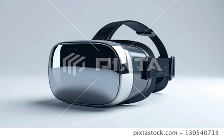 Sleek Reflective Virtual Reality Headset on a Soft White Background for Tech Visualization and Immersive 130540713