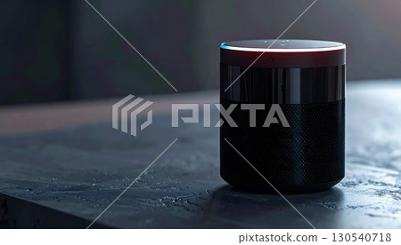 Sleek Black Cylinder Speaker with Star Pattern on Gray Tabletop Minimalist Design 130540718