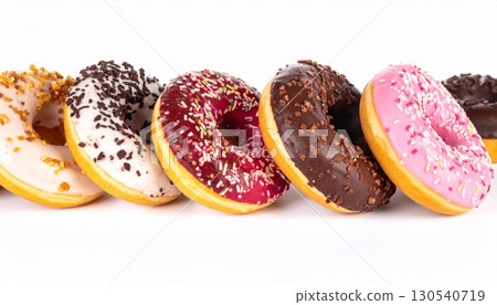 Assorted Colorful Donuts with Sprinkles and Glaze on White Background 130540719