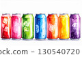 Row of Colorful Watercolor Beverage Cans with Ice Cubes on White Background 130540720