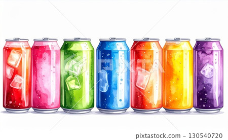 Row of Colorful Watercolor Beverage Cans with Ice Cubes on White Background 130540720