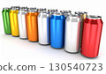 Various Aluminum Beverage Cans in Multiple Bright Colors Arranged in a Group Studio Shot 130540723
