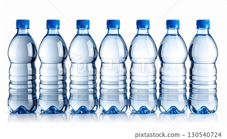 Seven Blue Capped Plastic Water Bottles Lined Up Against a White Background in Studio Lighting 130540724