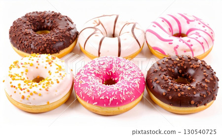 Assorted Doughnuts Featuring Chocolate Pink and White Frosting Isolated in Studio 130540725