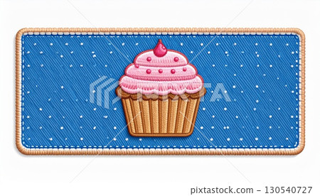 Embroidered Pink Cupcake with Cherry Topping on Blue Dotted Rectangle Patch Illustration 130540727