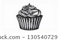 Detailed Sketch of a Single Cupcake with Swirled Frosting in Black and White 130540729