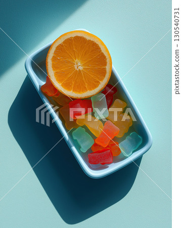 Light blue rectangular container filled with colorful gummy bears and half orange on textured surface, creating vibrant and playful composition 130540731