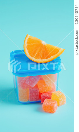 Blue rectangular container filled with colorful gummy candies and topped with fresh orange slice, creating vibrant and playful scene 130540754