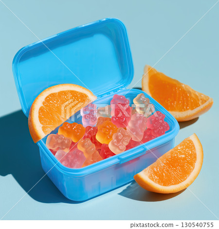 Blue rectangular container filled with colorful gummy bears and orange slices creates vibrant and playful scene. bright colors and fresh fruit evoke sense of fun and sweetness 130540755