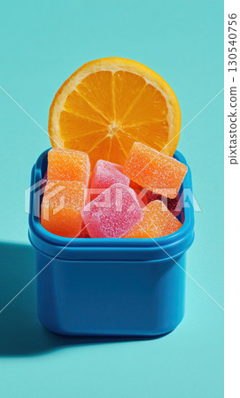 Blue rectangular container filled with colorful sugar coated gummy candies and slice of orange on turquoise background. vibrant colors create cheerful and playful mood 130540756