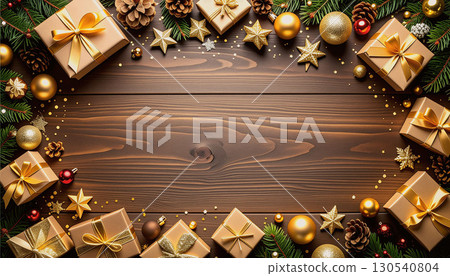 Wood grain background with gold decorations and Christmas gifts 130540804