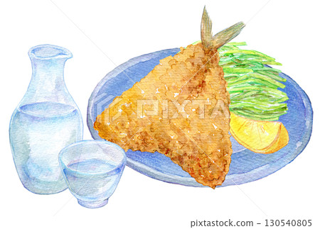 Watercolor illustration, hand-drawn illustration, fried horse mackerel and cold sake 130540805