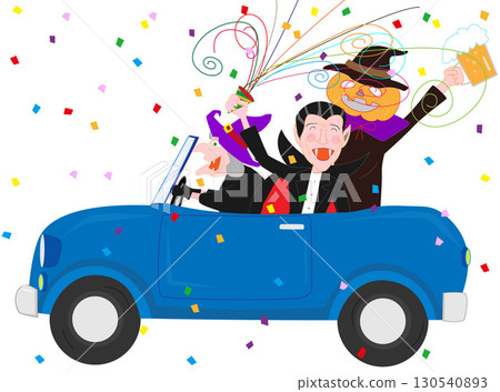 Characters enjoying Halloween by parading in cars. Characters enjoying Halloween by parading in cars. 130540893