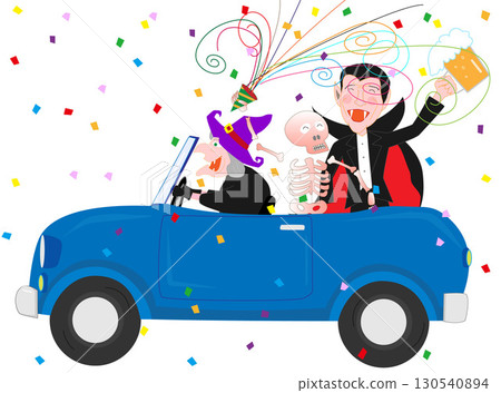 Characters enjoying Halloween by parading in cars. 130540894