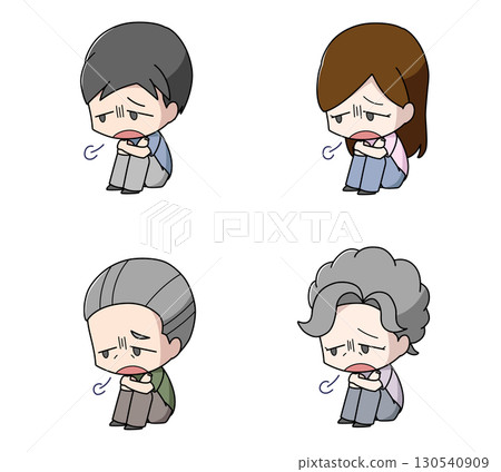 Set of 4 illustrations of adults sighing while sitting on the floor Set of 4 illustrations of adults sighing while sitting on the floor 130540909