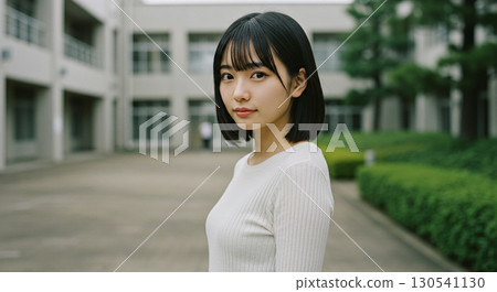 人工智慧生成的一位女性在演講廳前認真思考的圖像 130541130
