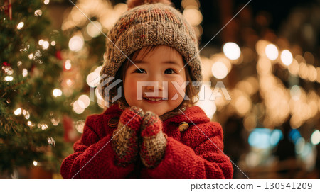 Smiling girl looking at Christmas tree Smiling girl looking at Christmas tree 130541209
