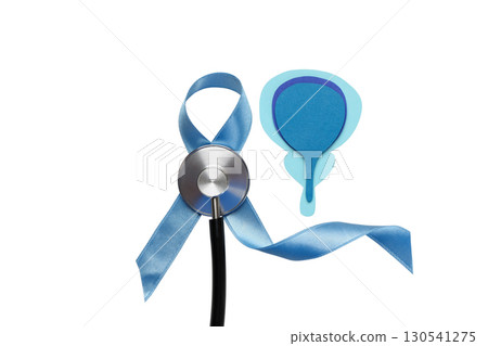 Prostate cancer ribbon with medical gear, isolated on white, PNG 130541275