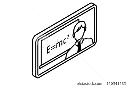 Online learning, simple isometric line drawing illustration of a blackboard with mathematical formulas and a smartphone showing the teacher, black and white Online learning, simple isometric line drawing illustration of a blackboard with mathematical formulas and a smartphone showing the teacher, black and white 130541385