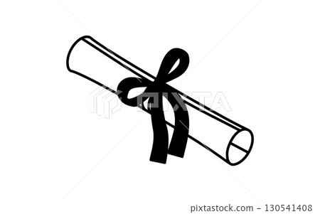 Online learning, simple isometric line icon of a diploma with a ribbon wrapped around it, black and white 130541408