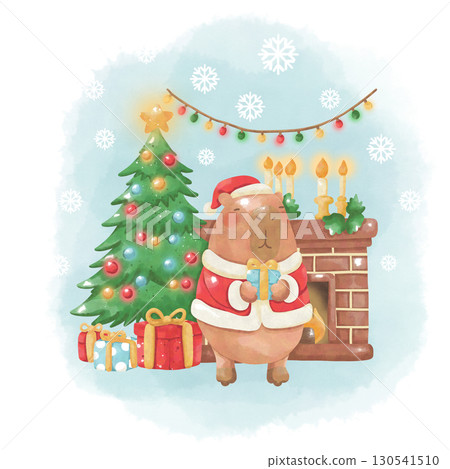 Cute Capybara in Santa Outfit with Christmas Tree and Fireplace  Watercolor Holiday  130541510