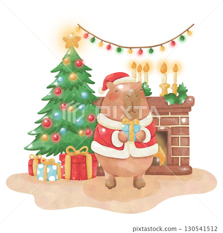Cute Capybara in Santa Outfit with Christmas Tree and Fireplace  Watercolor Holiday  130541512