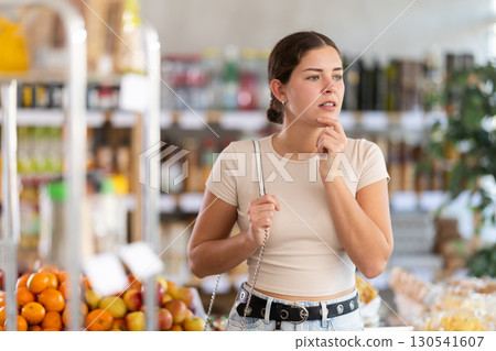 Young woman buyer forgot what she wanted to buy 130541607