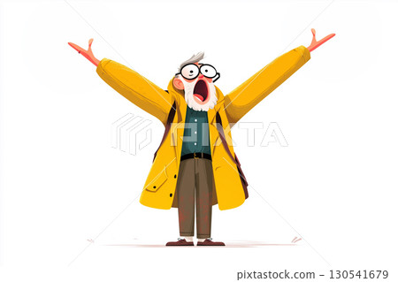 A humorous and comical illustration of a senior man spreading his arms wide and appealing with all his might to the sky 130541679