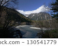 A view of the Azusa River with the snow-capped Hodaka Renzan mountain range visible on a clear day in Kamikochi 130541779