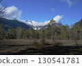 A clear day in Kamikochi, with the snow-capped Hodaka Renzan mountain range visible in the Tashiro Marsh 130541781