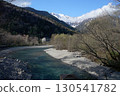 A view of the Azusa River with the snow-capped Hodaka Renzan mountain range visible on a clear day in Kamikochi 130541782