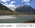 A view of the Azusa River with the snow-capped Hodaka Renzan mountain range visible on a clear day in Kamikochi 130541783