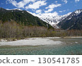 A view of the Azusa River with the snow-capped Hodaka Renzan mountain range visible on a clear day in Kamikochi 130541785