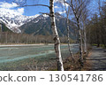 A view of the Azusa River with the snow-capped Hodaka Renzan mountain range visible on a clear day in Kamikochi 130541786