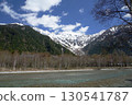 A view of the Azusa River with the snow-capped Hodaka Renzan mountain range visible on a clear day in Kamikochi 130541787