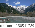 A view of the Azusa River with the snow-capped Hodaka Renzan mountain range visible on a clear day in Kamikochi 130541789