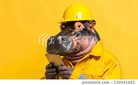 A foreman in a yellow hard hat and safety mask drills a hole in a steel beam A foreman in a yellow hard hat and safety mask drills a hole in a steel beam 130541883