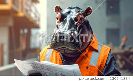 Construction workers in hard hats are focused on a job 130541884