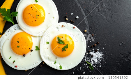 Freshly cooked fried eggs with a golden yolk and fluffy white on a plate, ready for a healthy breakfast meal 130541892