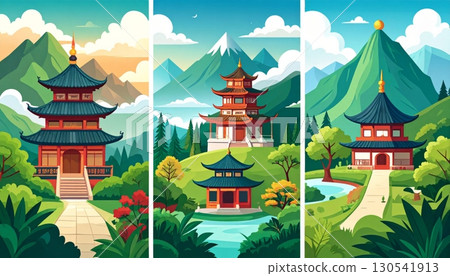An ancient Asian temple, castle, and pagoda with traditional architecture nestled in a mountain landscape under a beautiful sky An ancient Asian temple, castle, and pagoda with traditional architecture nestled in a mountain landscape under a beautiful sky 130541913